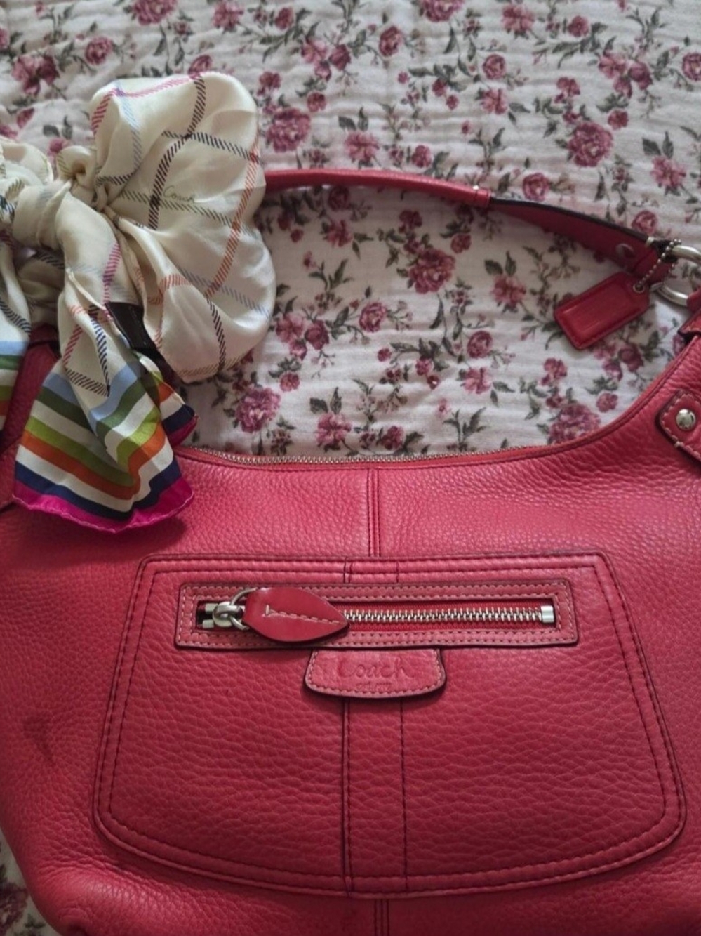 Coach Pink Pebbled Leather Shoulder Bag with Zip Pocket